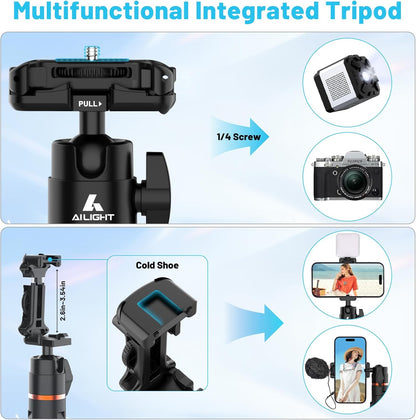 Ailight 60" Extendable Travel Tripod & Selfie Stick with Cold Shoe & Wireless Remote, 360° Ball Head for Vlogging - Lightweight Phone Tripod for iPhone