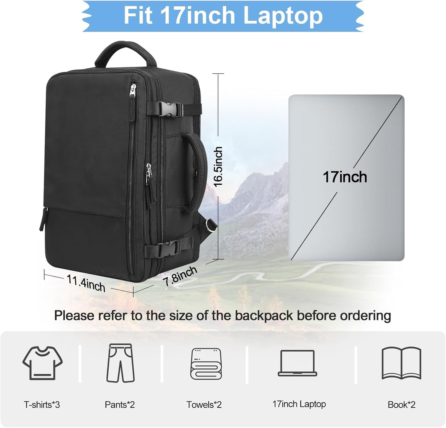 Hanples Travel Backpack for Women Men Large Carry On Person Item Flight Approved 17 In Laptop Backpack Waterproof anti theft Casual Luggage with 2 Toiletry Bag(Black)