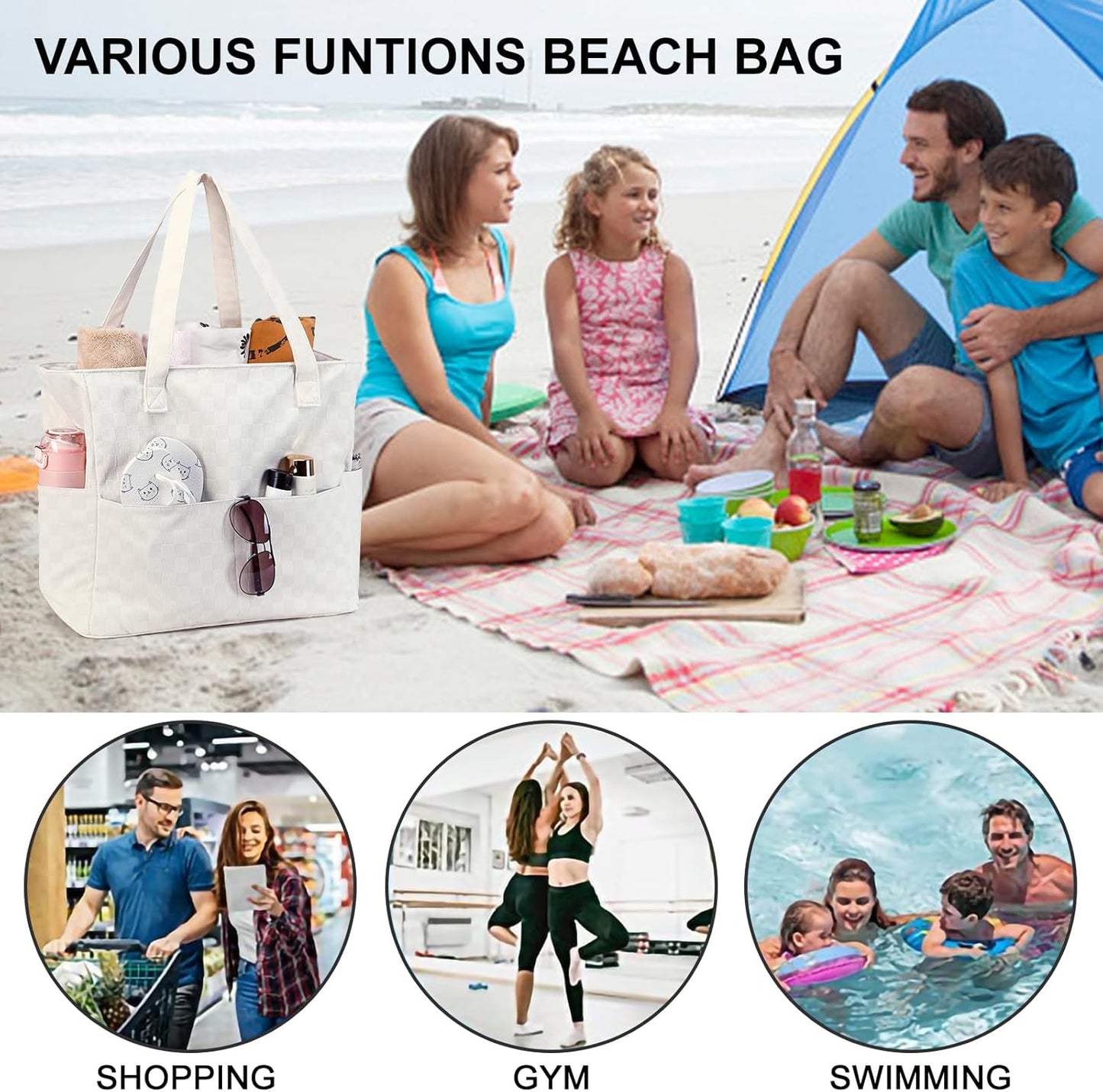 Waterproof Beach Tote Pool Bags for Women Ladies Extra Large Gym Tote Carry On Bag With Wet Compartment for Weekender Travel