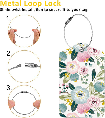 2 Pack Luggage Tag for Suitcase,Lovely Floral PU Leather Suitcase Tags Identifiers with Privacy Name Address Labels and Durable Steel Loop for Women Men Travel