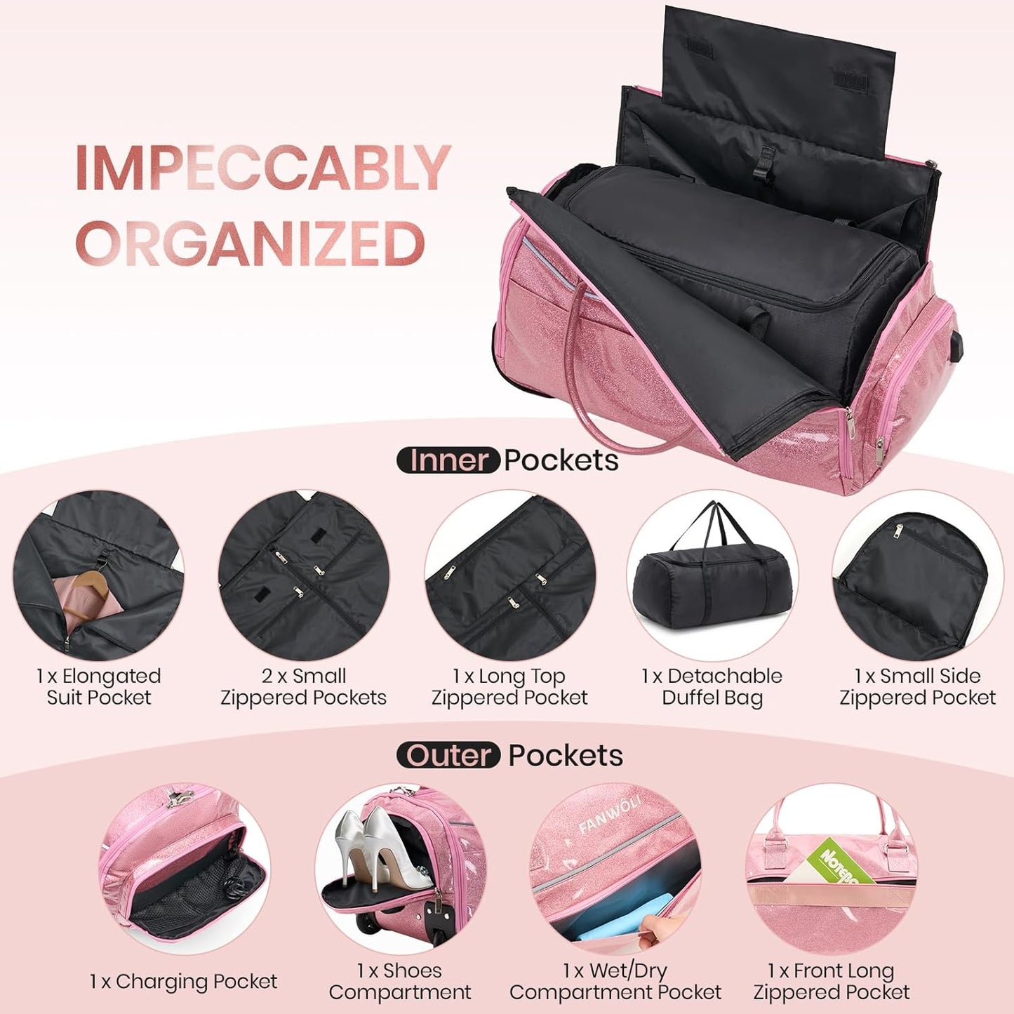 3-in-1 Rolling Garment Bags for Travel, Glitter Wheeled Carry-On Suit Luggage with Shoe Storage & Detachable Bag, Convertible Duffel Bag for Men Women Business Trips Weekender, Wrinkle-Free (Pink)