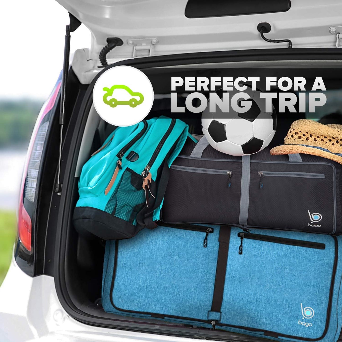 Bago Foldable Duffel Bags for Traveling Women & Men - 60L Medium Packable Duffle Bag for Travel with Shoe Compartment - Water Repellant, Heavy Duty, Lightweight Folding & Collapsible (SnowBlue)