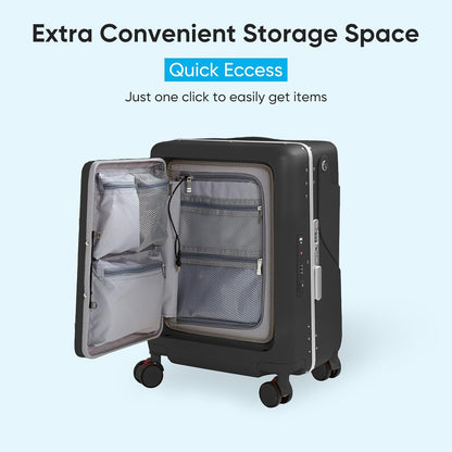 TABU 20" Ride-on Luggage with Seat，Front Opening Carry-On Hardshell Ride On Suitcase with Built-in Charging Port, 360° Lockable Spinner and TSA Lock, for Kids & Adults, Black