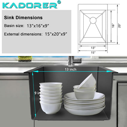 15 x 20 Inch Black Drop In Kitchen Sink - Single Bowl Topmount Bar Prep Sink - 18 Gauge Stainless Steel with Grid and Basket Strainer