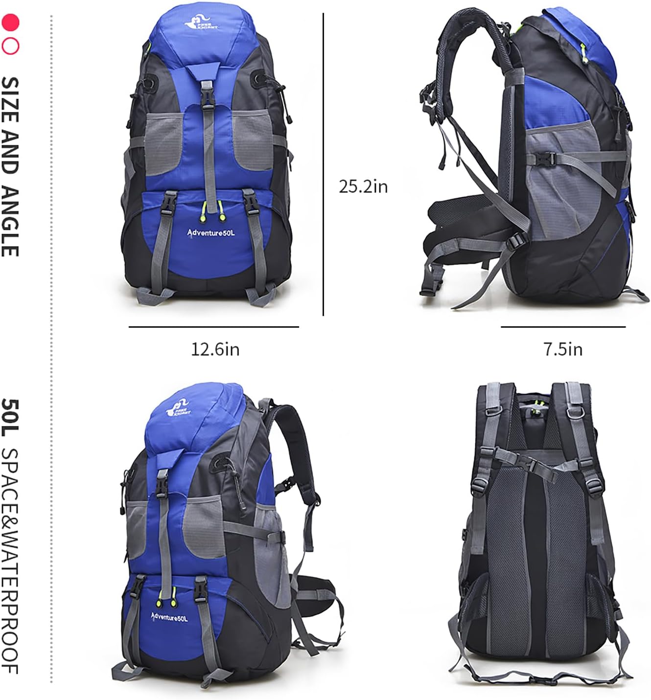 Bseash 50L Hiking Backpack, Water Resistant Lightweight Outdoor Sport Daypack Travel Bag for Camping Climbing Skiing Cycling (Blue - No Shoe Compartment)