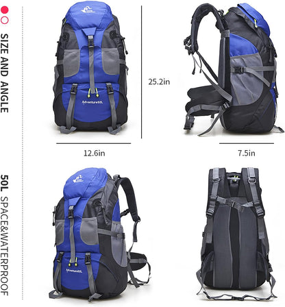 Bseash 50L Hiking Backpack, Water Resistant Lightweight Outdoor Sport Daypack Travel Bag for Camping Climbing Skiing Cycling (Blue - No Shoe Compartment)