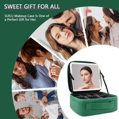 Makeup Bag with Led Mirror,Travel Makeup Organizer with 3 Color Setting, Portable Storage and Adjustable Dividers Travel Makeup Bag(Dark green)