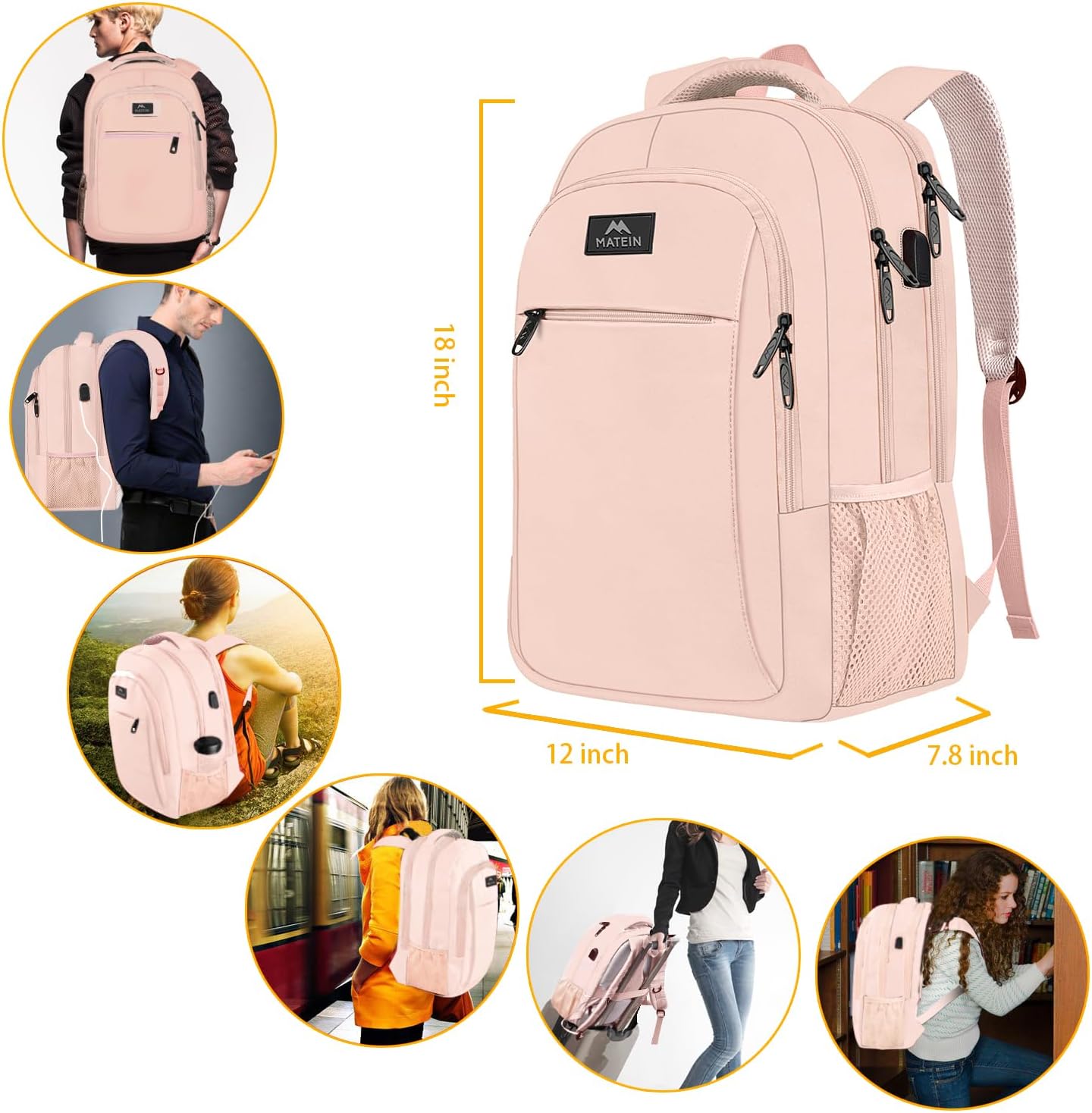 MATEIN 15.6 inch Laptop Backpack, Cute Slim Computer Travel Backpack with USB Port, Carry On Casual Daypack Bag Gifts for Women Teacher Nurse, Pink