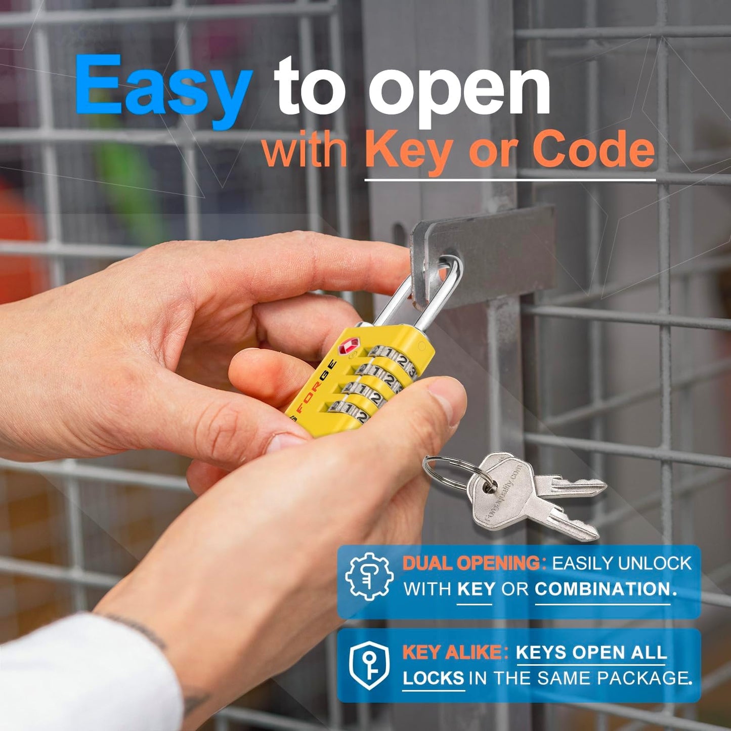 Forge Dual-Opening: Key or Combination Access Lock, TSA Approved Locks for Luggage, Pelican case, Travel, Gym, School, Stainless Steel Shackle.(Yellow, 4 Pk)