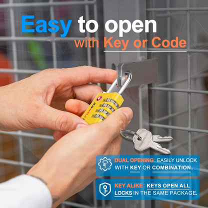 Forge Dual-Opening: Key or Combination Access Lock, TSA Approved Locks for Luggage, Pelican case, Travel, Gym, School, Stainless Steel Shackle.(Yellow, 4 Pk)