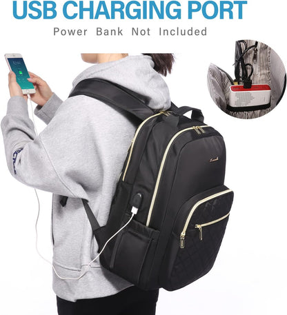 LOVEVOOK Laptop Backpack Purse for Women, Work Business Travel Computer Bags with 15.6 Inch Laptop Compartment, Teacher Nurse Backpack for Womens, Quilted Casual Daypack with USB Port, Black