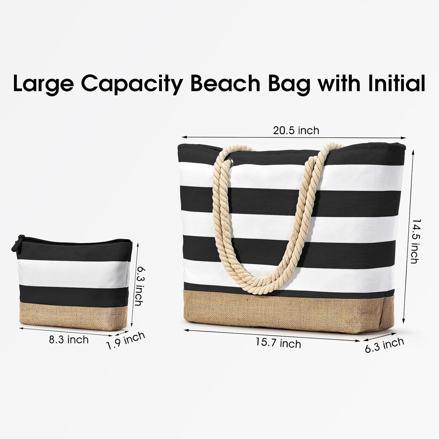 Becokan Beach Bag Initial Beach Tote with Makeup Bag for Travel Work Storage Personalized Birthday Gifts for Women Her