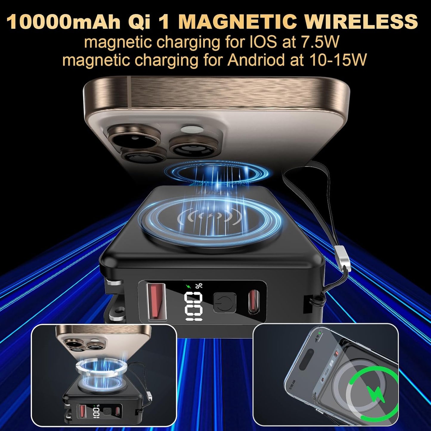 10000mAh Portable Charger Power Bank for magsafe, 22.5W Fast Charging Wall Plug Power Bank for iPhone Andriod Sumsung 5 in 1 Travel Wireless Charger Built in USB C Lightning Cables-B