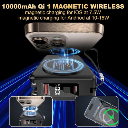 10000mAh Portable Charger Power Bank for magsafe, 22.5W Fast Charging Wall Plug Power Bank for iPhone Andriod Sumsung 5 in 1 Travel Wireless Charger Built in USB C Lightning Cables-B