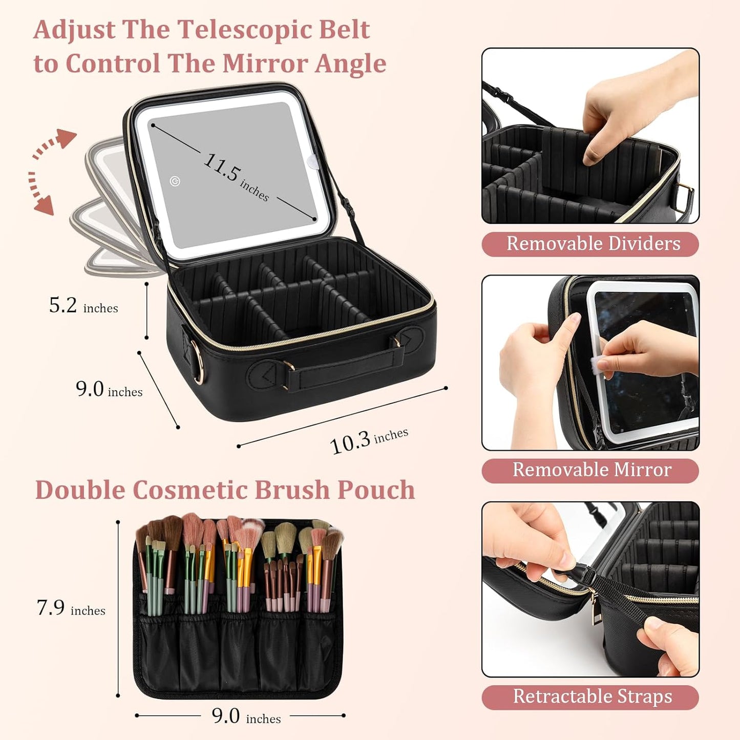 Makeup Bag with LED Mirror, [3 Color and Stepless Dimmable] Rechargeable LED Light for Makeup Bag Train Case with Brushes Storage Organizer, Travel Box Cosmetic Bag for Women - Pink