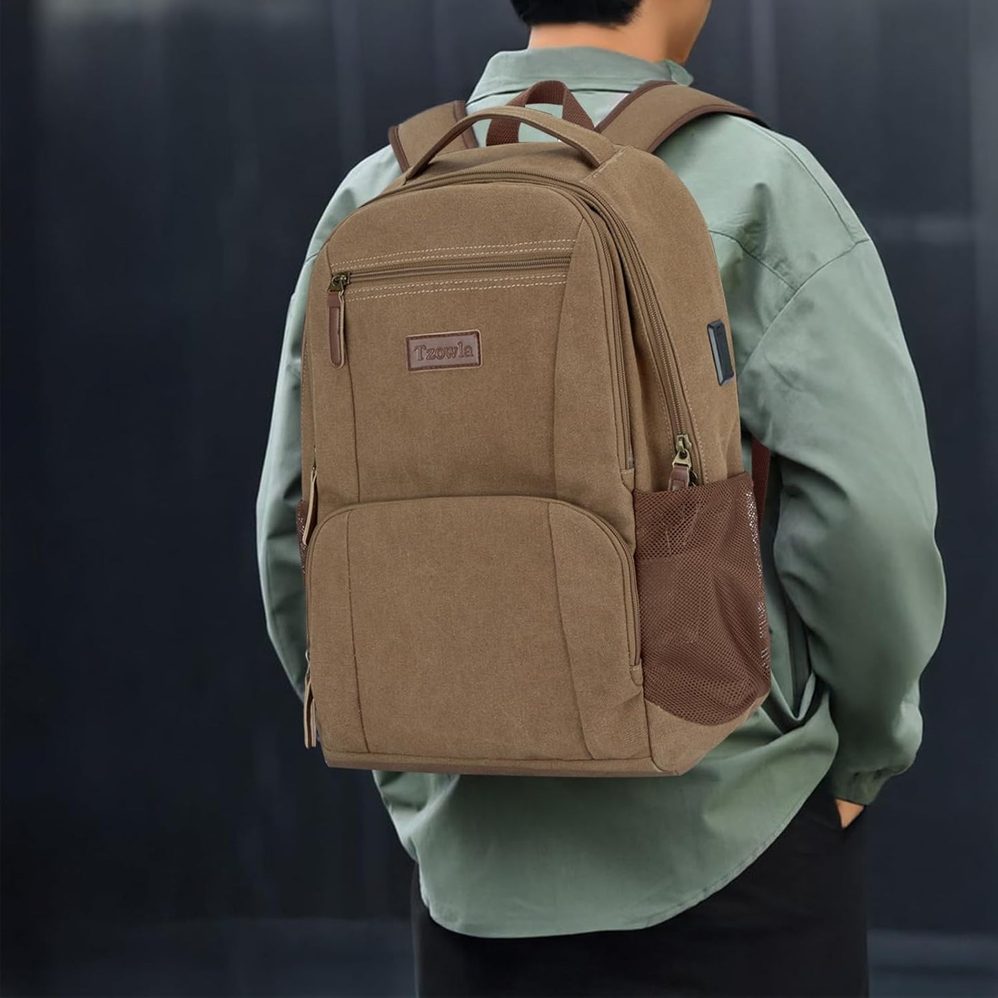 Tzowla Canvas Laptop College Backpack for Men and Women,Travel Work Vintage Rucksack with USB/Type-C Charging Port,Lightweight Hiking Casual Daypack Backpacks fit 15.6 inch Notebook,Brown