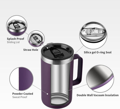 KXIAOCHEN 20oz Insulated Coffee Mug with Lid, Stainless Steel Coffee Cup, Double Wall Vacuum Coffee Tumbler with Handle, Premium Thermal Travel Coffee Mug (Purple)