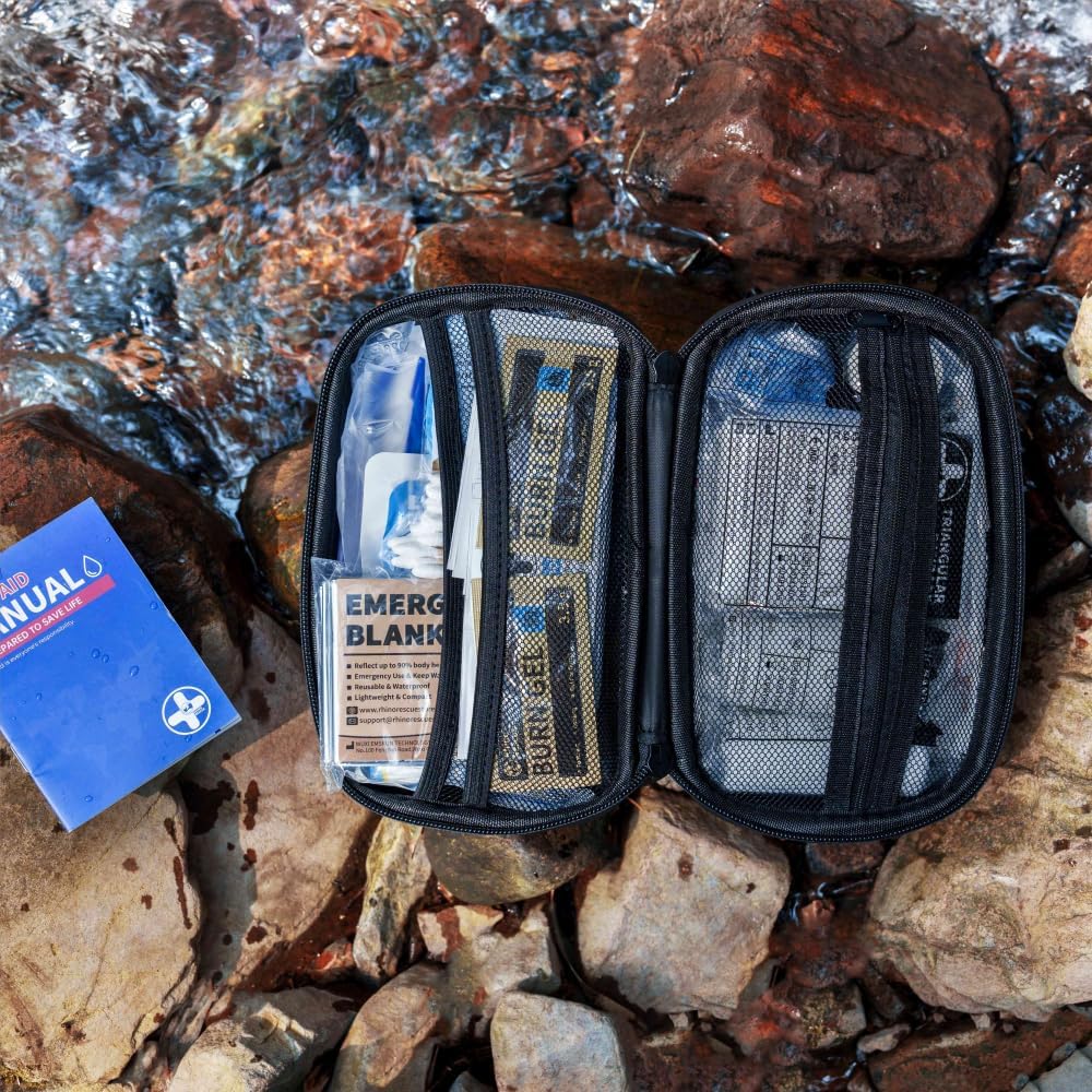 RHINO RESCUE EVA First Aid Kit, Small Waterproof Portable Emergency Hiking First Aid Kit for Backpacking, Medical Kit for Travel, Home, Car, College Dorm, Camping, Boat, Back to School (Black)