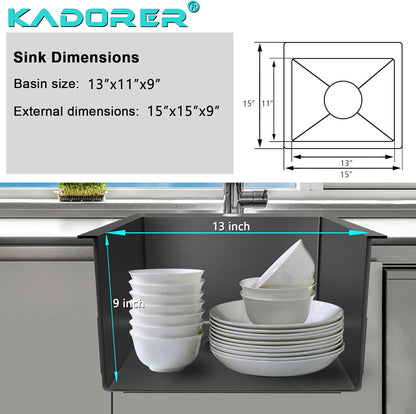 15 x 15 Inch Drop In Bar Sink, Small Kitchen Sink Single Bowl Topmount Bar Prep Sink 18 Gauge Stainless Steel Bar Sink with Grid and Basket Strainer