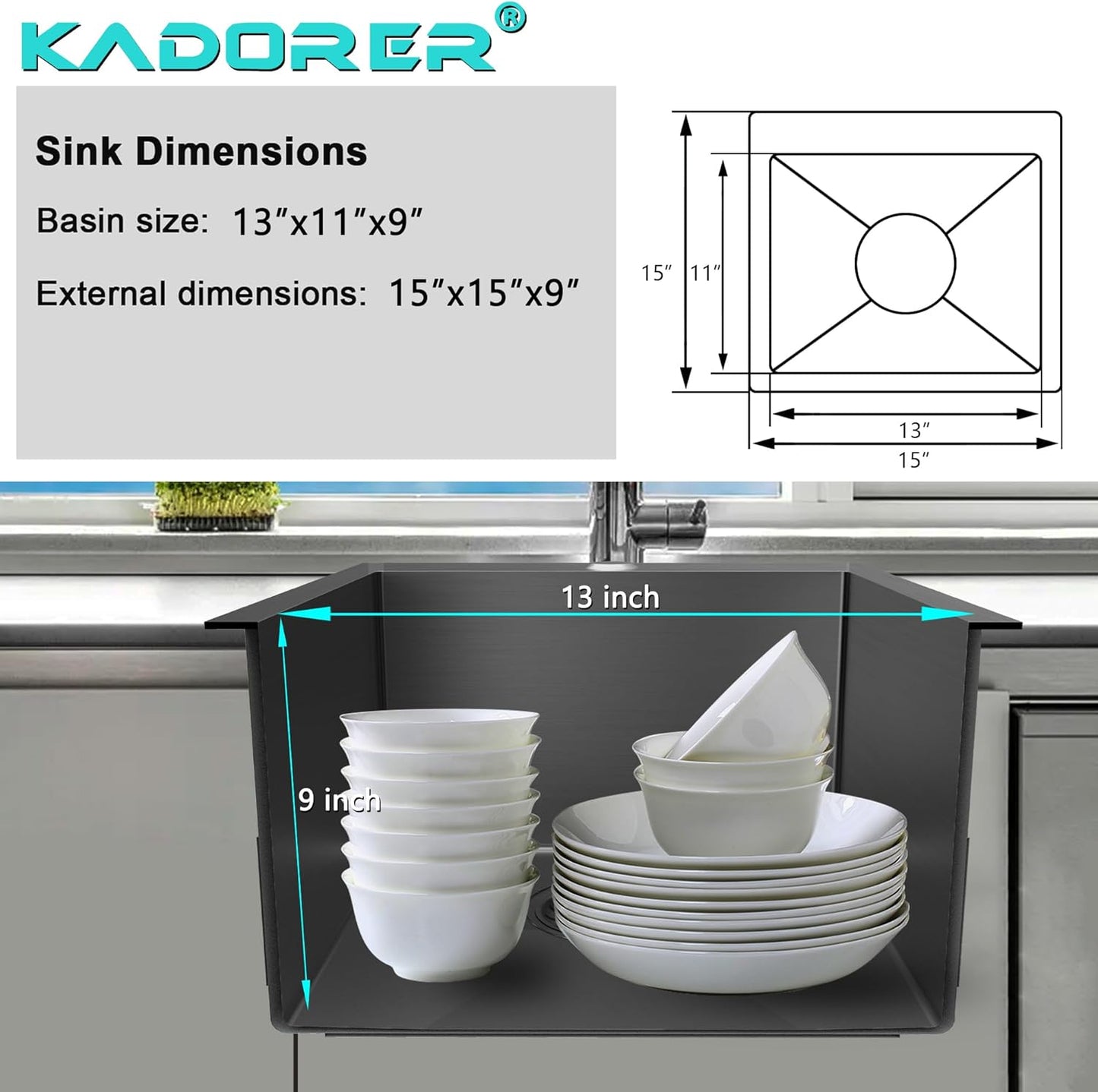 15 x 15 Inch Drop In Kitchen Bar Sink, Stainless Steel Single Bowl Topmount Bar Prep Sink Small Kitchen Sink with Basket Strainer