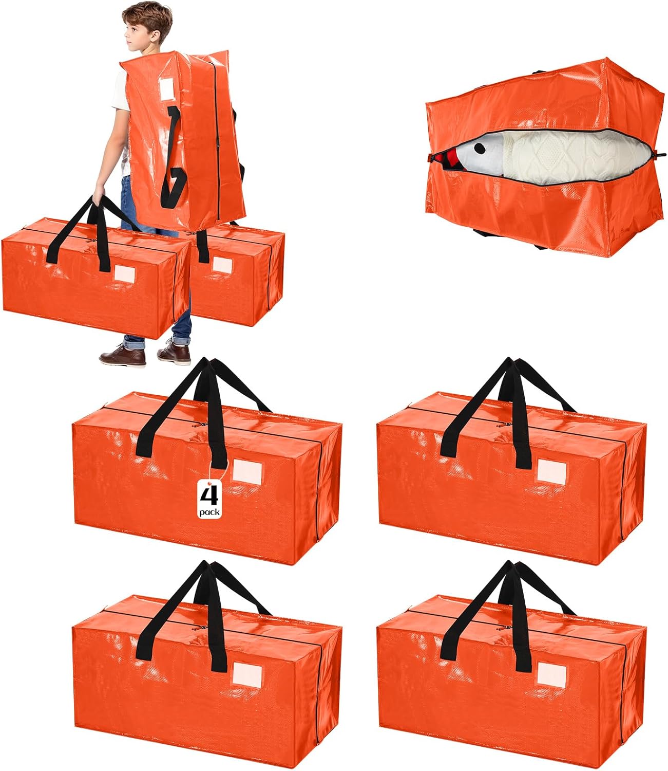 4 Pcs 24 Gallon Large Moving Bags with Zipper and Handles Foldable Storage Duffle Bags Heavy Duty Extra Large Totes for College Dorm Travel Clothes Blankets Bedding Moving (Orange)