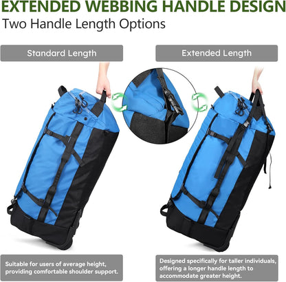 Vomgomfom 86L Collapsible Wheeled Luggage With Removable Backpack Straps,Waterproof Rolling Duffle Bag with Quilted Base,No Telescope Handle,Blue