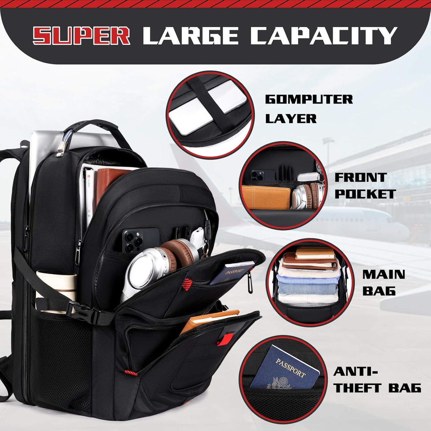 Extra Large 55L Travel Backpack, 18 inch Laptop Bag for Men, TSA Approved Heavy Duty with USB Charging Port, Anti Theft Rucksack for Business Work College, Black