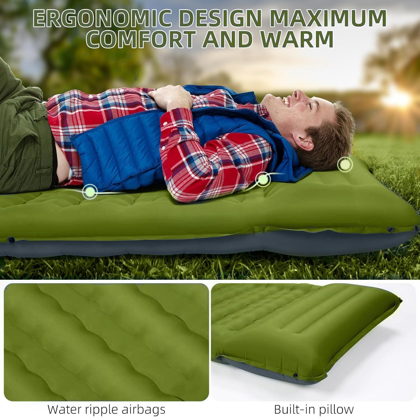 Camping Sleeping Pad, Extra Thick 5 Inch Camping Mat with Pillow Built-in Foot Pump Inflatable Sleeping Pads Compact for Camping Backpacking Hiking Traveling Tent（Military Yellow）