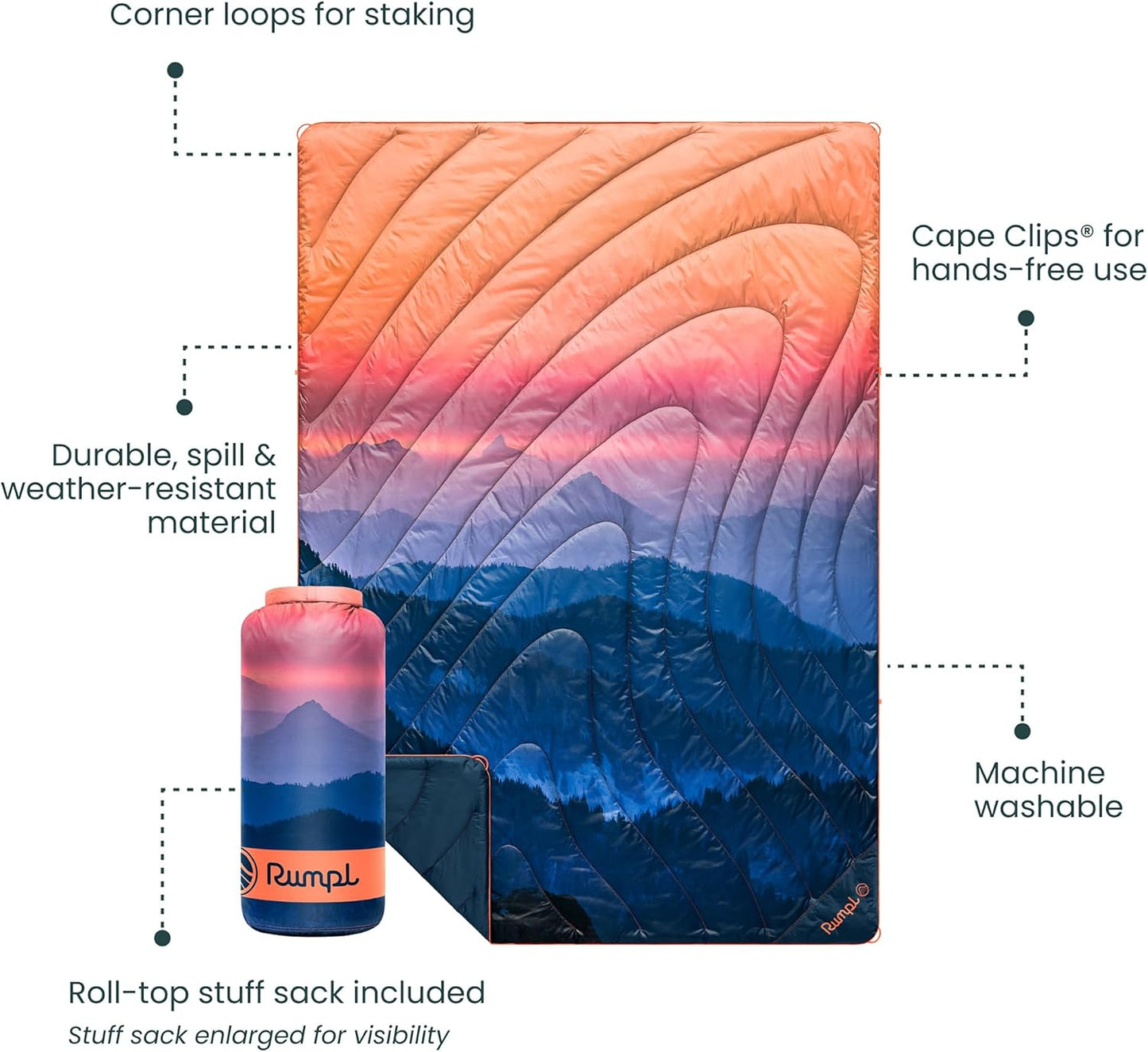 Rumpl Original Puffy Blanket - Warm, Water-Resistant Camping Blanket with 100% Recycled Synthetic Insulation, 52"x75", Original Puffy V2, Alpenglow