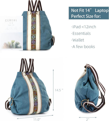 Goodhan Women Canvas Backpack Daypack Casual Shoulder Bag, Vintage Heavy-duty Anti-theft Travel Backpack (Green Blue)