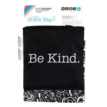 Bumkins Reusable Sandwich and Snack Bags, for Kids School Lunch and for Adults Portion, Washable Fabric, Waterproof Cloth Zip Bag, Travel Pouch, Food-Safe Storage, Large 2-pk Born This Way Be Kind