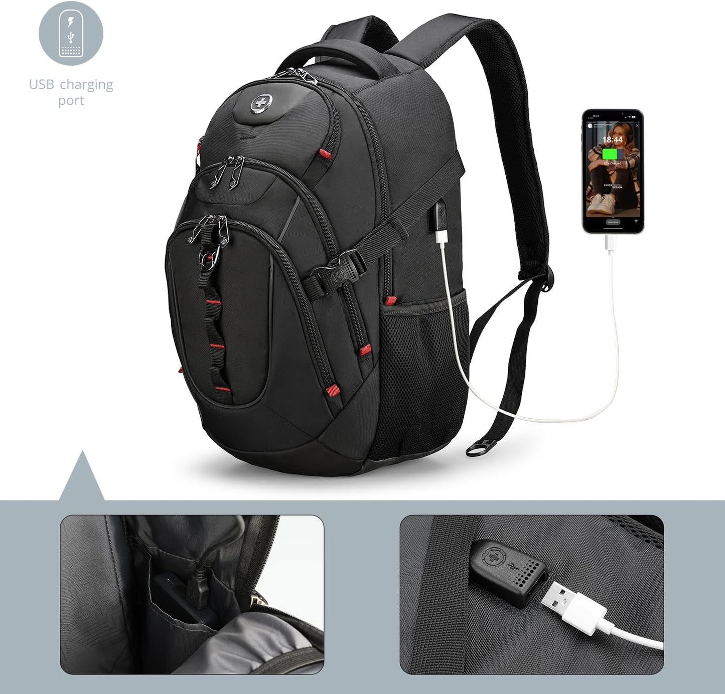 Swissdigital Design Travel Backpack for Men with Apple Find My, Laptop Backpack with USB Charging Port, RFID Protection, Add-A-Bag System - Travel Backpack for Men