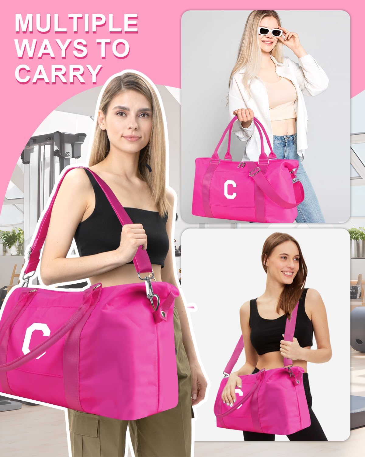 Overnight Bag for Kids Teen Girls Weekender Dance Bag Birthday Graduation Gifts,Initial Travel Duffel Bag Sports Gym Bag Personalized Weekender Bag Carry On Bags Preppy Gifts for Women(Hot Pink, C)
