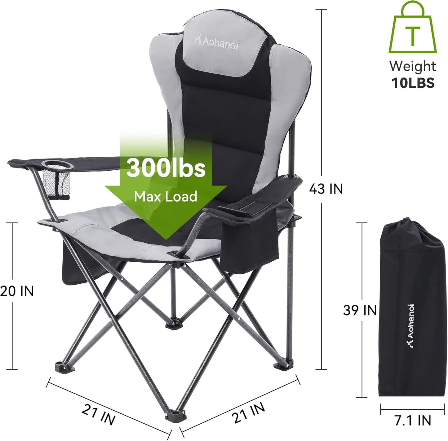 Camping Chairs for Heavy People, Folding Chairs for Outside Outdoor Folding Chairs with Cup Holder & Cooler Bag, Camp Chairs Supports up to 300lbs(1 PC, Black)