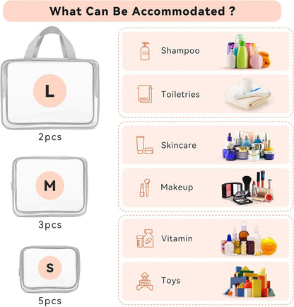 TISRATOK 10 PCS Clear Travel Makeup Toiletry Bag, Plastic PVC Cosmetic TSA Approved Organizer Kit with Zipper Handbag（Grey）