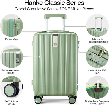 Hanke Expandable Hard Shell Luggage Sets 2 piece Carry on Luggage with Wheels Suitcases Lightweight Checked Travel Luggage Rolling Large Suitcase Travel Luggage Bag Woman Men 20/29 Inch(Bamboo Green)