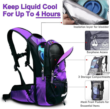 Insulated Hydration Backpack Pack with 3L BPA Free Leak Proof Water Bladder, Large Storage Lightweight Hiking Daypack with Waist Pouches & Cooler Layer, for Running, Biking, Camping, Festival