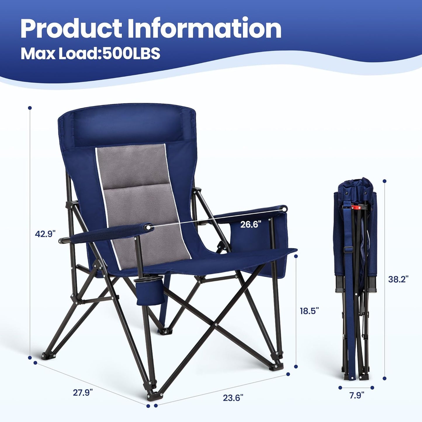 HIGH POINT SPORTS Oversized Camping Chairs for Adults, High Back Heavy Duty Lawn Chair Support 500LBS, Padded Portable Collapsible Chair with Cup Holder, Blue, 2 Pack