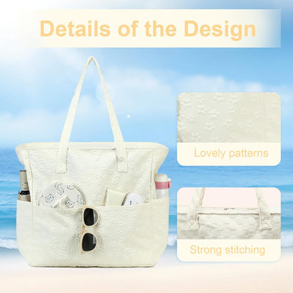 LEDAOU Large Beach Tote Bag Women Waterproof Sandproof Zipper Beach Tote Bag for Pool Gym Grocery Travel with Wet Pocket