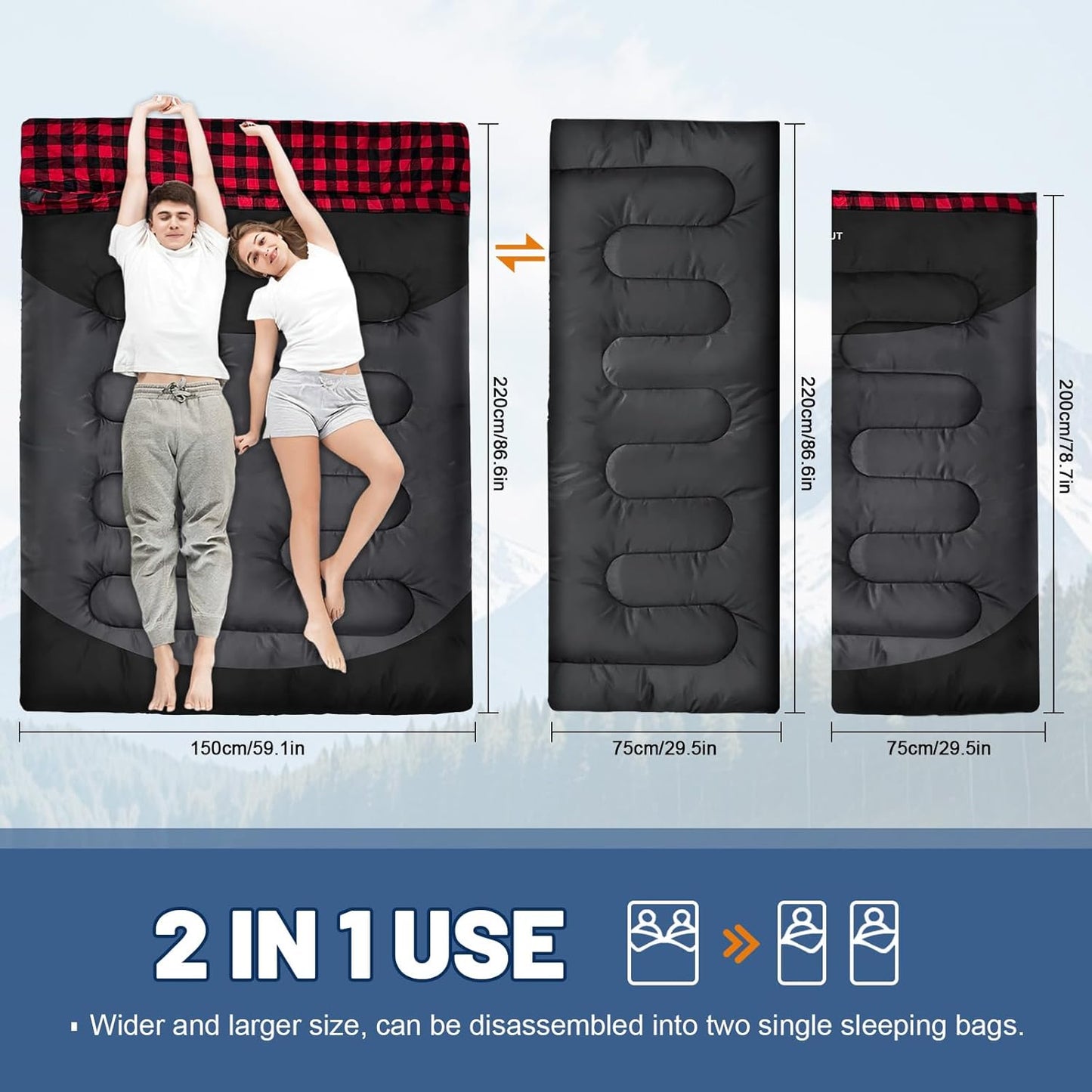 Double Sleeping Bag for Adults Machine Washable 2 Person Camping Sleeping Bag Queen Size Waterproof with Compression Sack for Cold Weather 3-4 Seasons