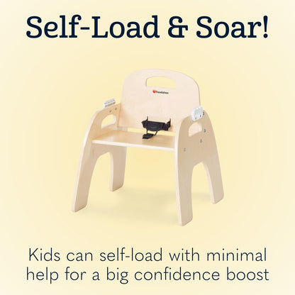 Foundations Easy Serve Low Wood Feeding Chairs Multipack, Adjustable Harness, Removable Dishwasher Safe Tray, No-Tip Base, Stackable Toddler Chairs, 2 Pack (9 inch)