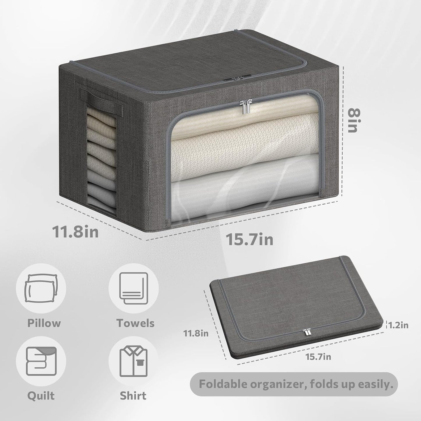 4 Pack Clothes Storage Bins with Metal Frame - Linen Fabric Foldable Stackable Container Organizer Set with Clear Window & Carry Handles & Zippers (Dark Gray, 15.7"x11.8"x7.8")