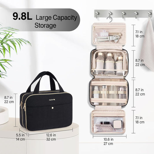 Hanke Hanging Travel Toiletry Bag for Women with Jewelry Organizer Compartment, Travel Essentials Toiletries and Makeup Bag, Water-Resistant & Stain-Resistant with Trolley Strap (Black)