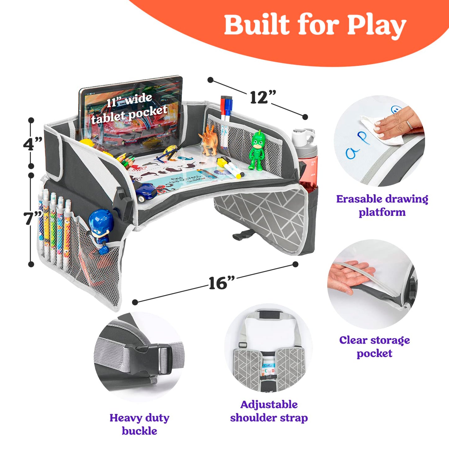 PILLANI Kids Travel Tray for Car - Car Seat Tray for Kids, Roadtrip Essentials, Carseat Table Tray for Kids Road Trip Activities - Toddler Lap Desk Organizer for Airplane