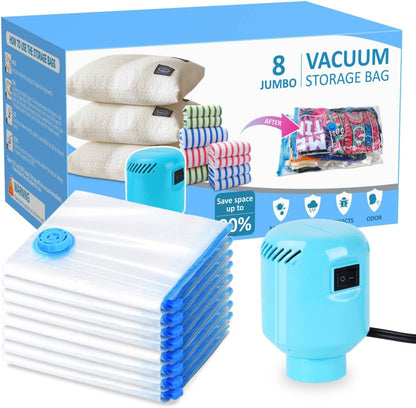 Vacuum Storage Bags for Blankets and Comforters 8 Jumbo Vacuum Seal Bags for Clothing Blankets Bedding with Electric Pump Compression Bag for Travel Luggage Jumbo Space Saver Storage Bag