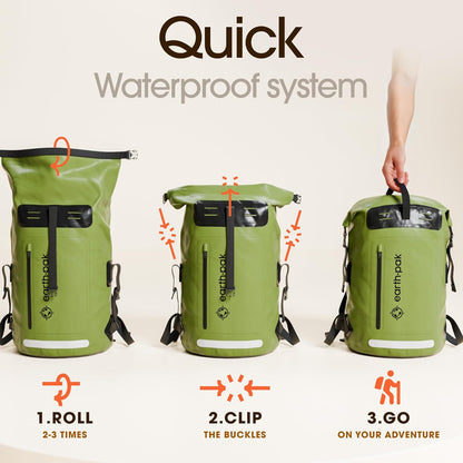 Earth Pak Waterproof Backpack - Heavy Duty Hiking Backpack - Roll-Top Closure Bag - Cushioned Dry Bag Waterproof Phone Case