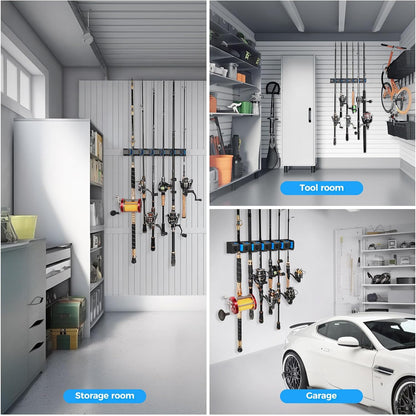PLUSINNO Fishing Rod Holders - V6 Vertical Support for Extra Large & Heavy Fishing Rod Combos, Garage & Wall Mounted Rack Storage