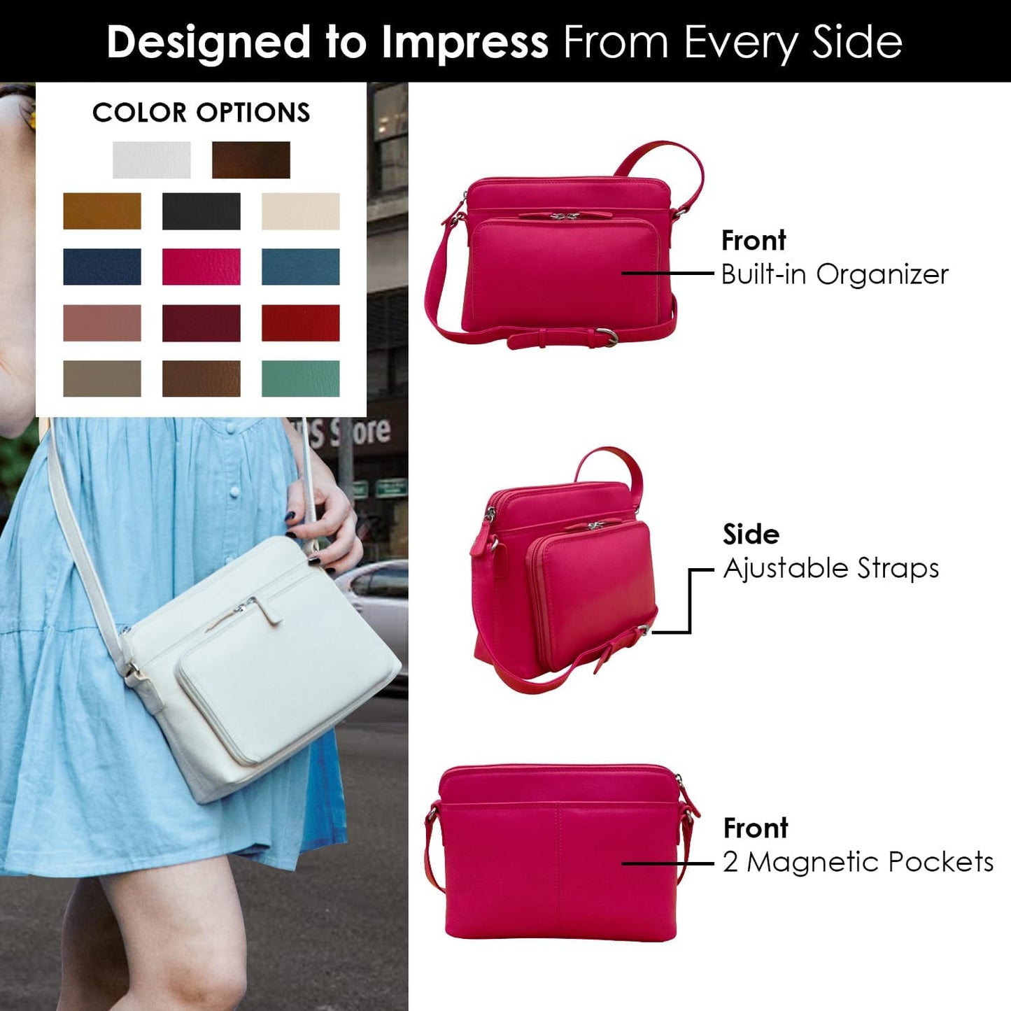 ili New York Genuine Leather Crossbody Bags for Women - Premium RFID Blocking Shoulder Bag Organizer with Adjustable Strap