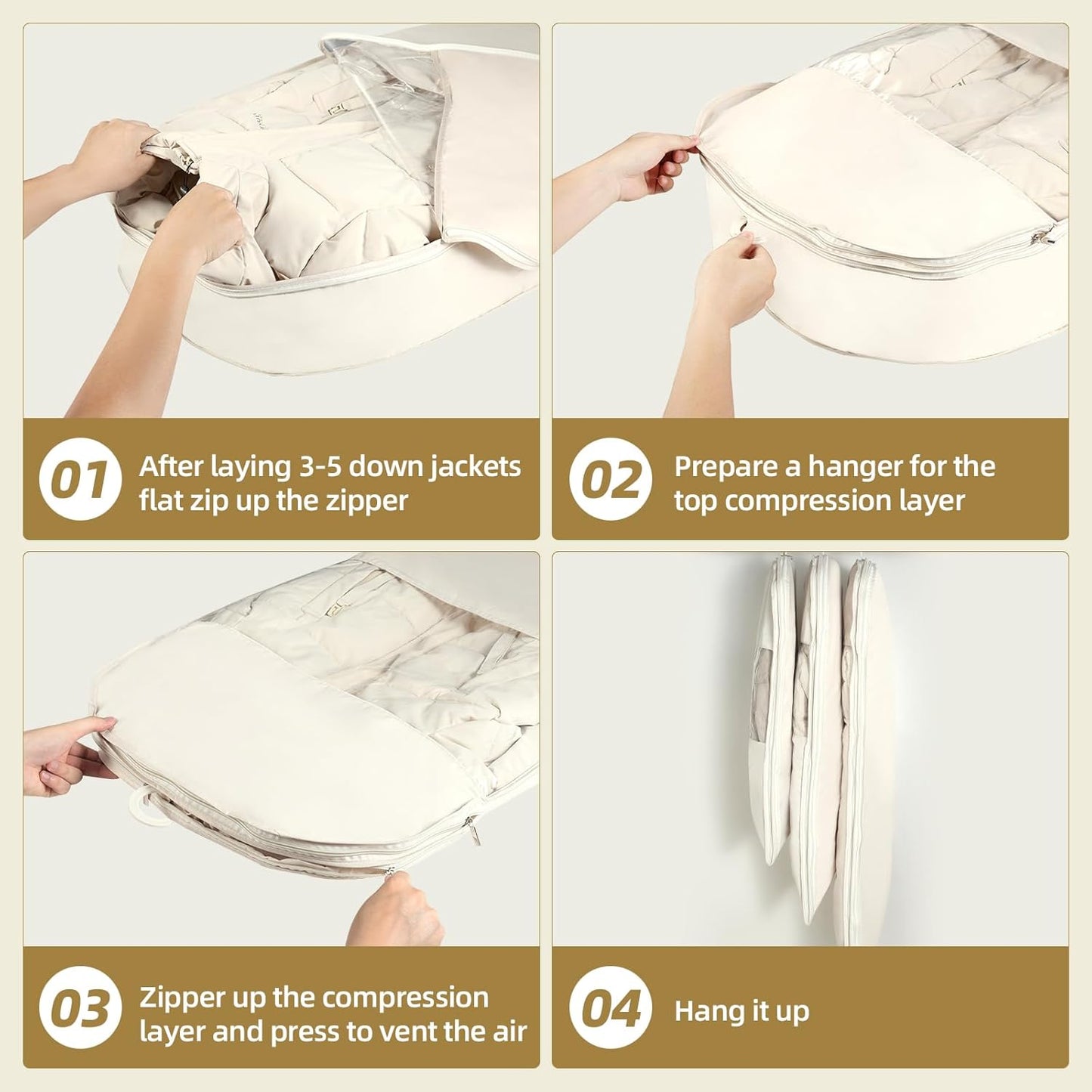 2 Pack Space Saving Garment Bag with Self Compression Zipper, Garment Bags for Hanging Clothes, Compression Bags for Storage, Hanging Garment Bag for Coats and Down Jackets (M, Beige)