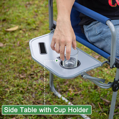 Romswi 2PK Folding Director Chairs, Camping Chair for Outdoor, Compact Directors Chair with Side Table Side Bag, Heavy Duty Oversize Seat for Beach Fishing Picnic Chairs, Holds up to 300 lbs Blue